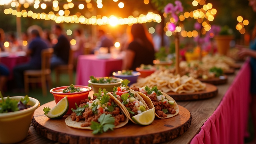 Quinceañera taco catering setup at a San Diego celebration with golden-hour lighting