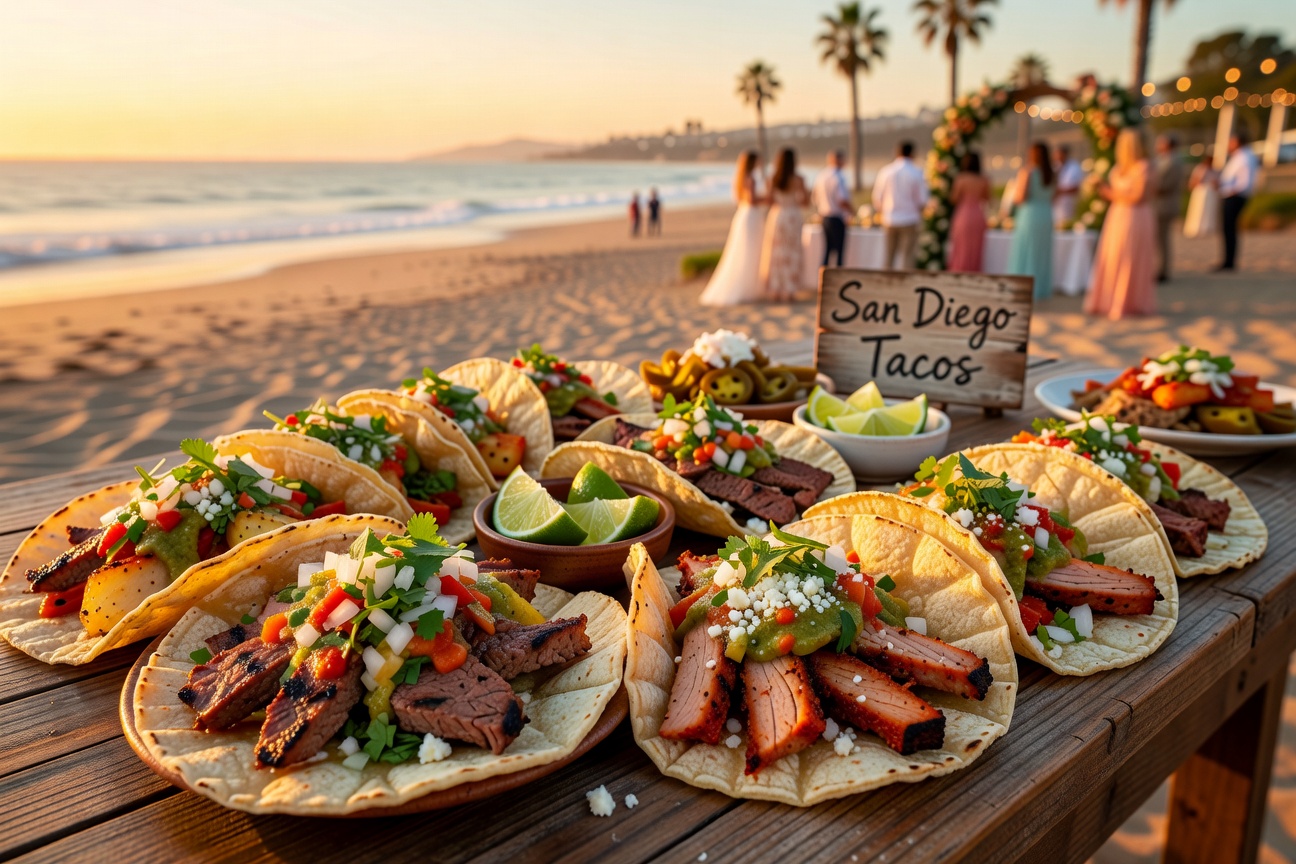 Fresh tacos at a San Diego outdoor wedding with warm lighting