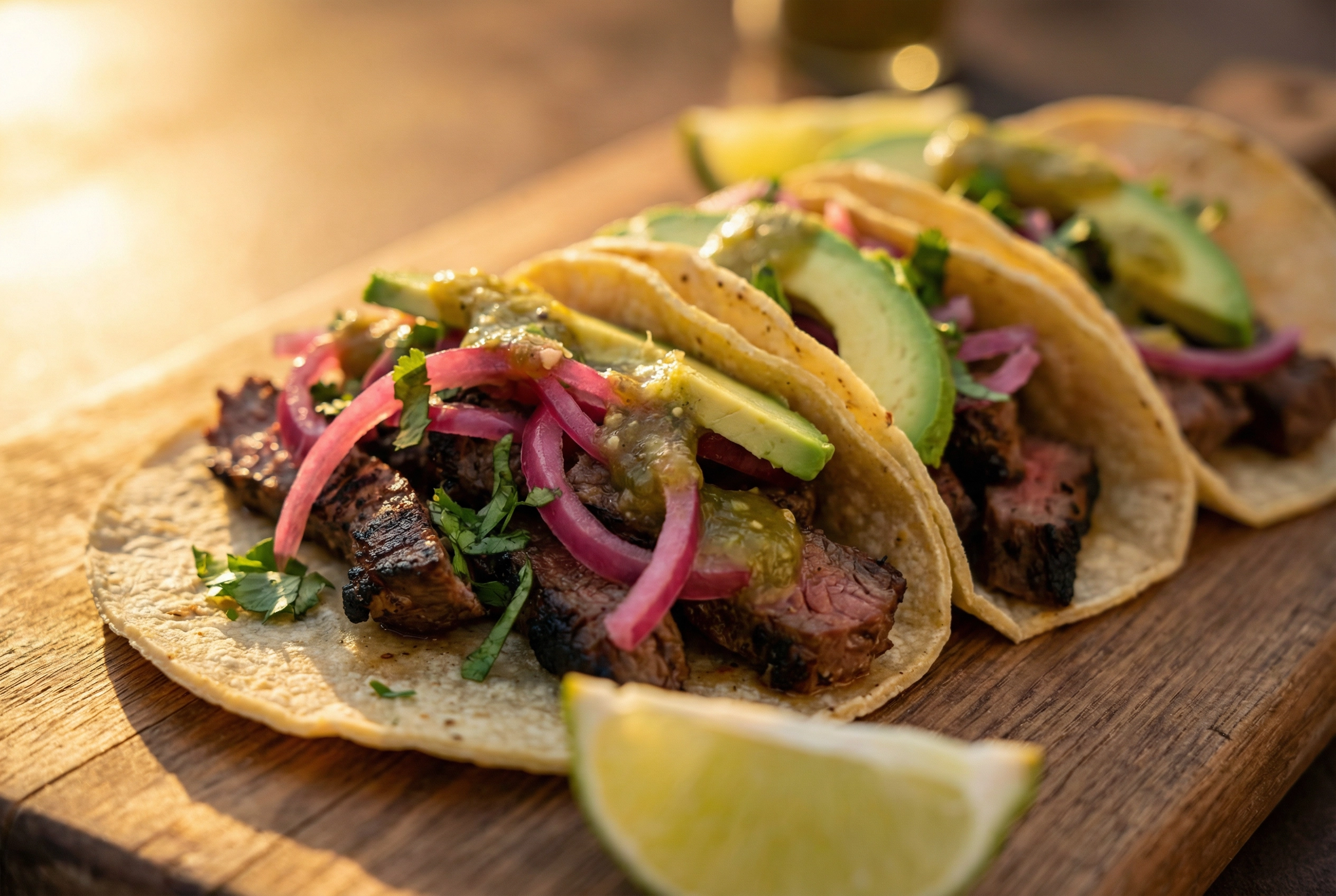 Close up of fresh tacos with cilantro and onion