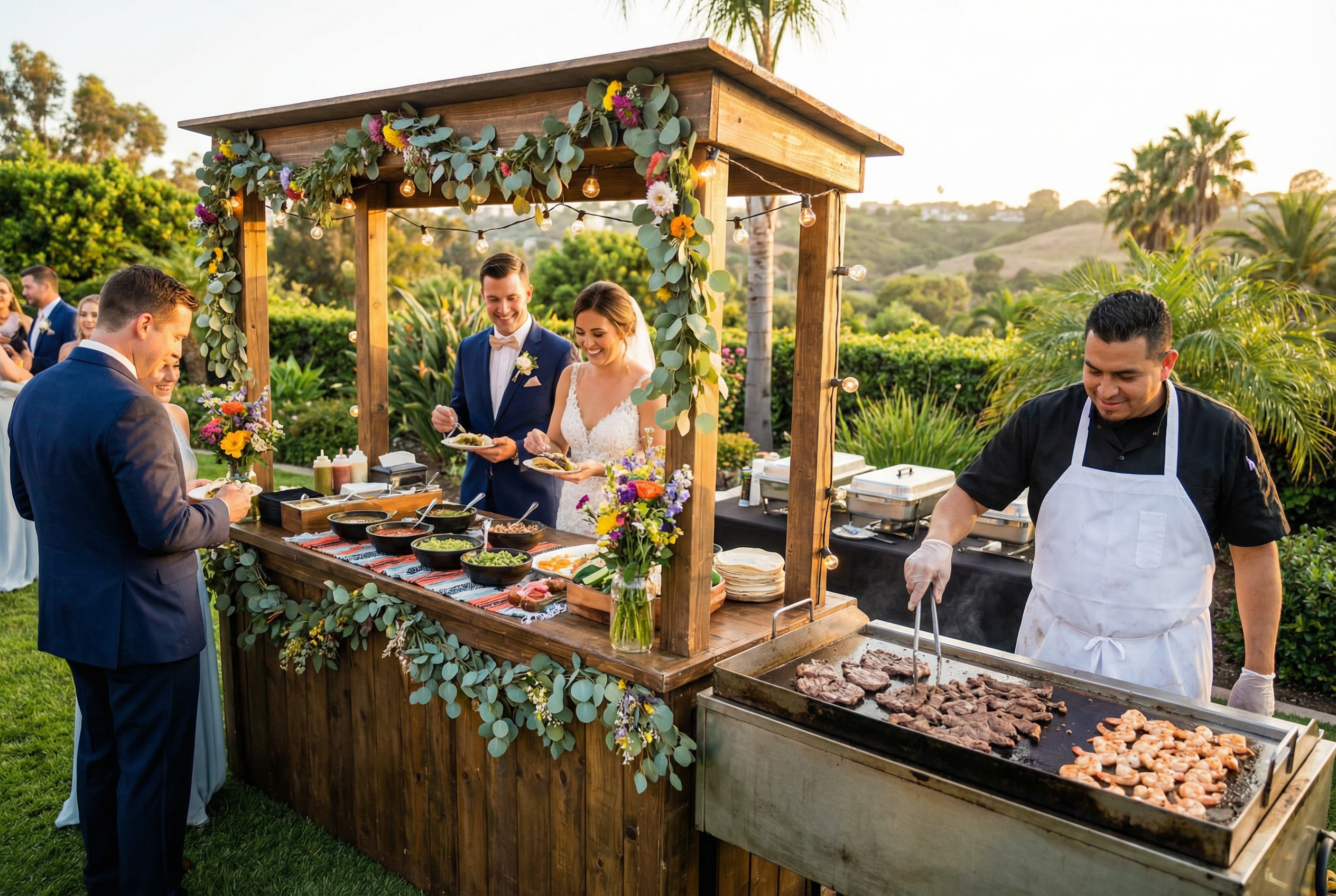 Elegant wedding taco catering setup
